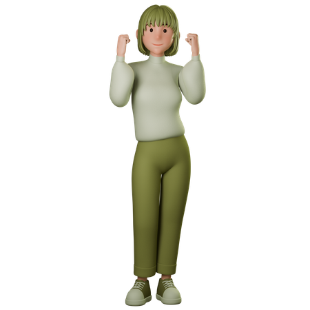 Young Woman In Green Outfit Showing Strong Hands Sign  3D Icon
