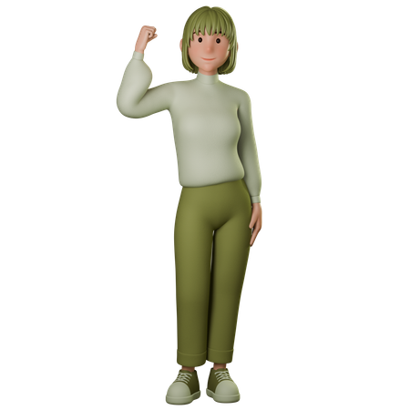 Young Woman In Green Outfit Showing Strong Sign With Left Hand  3D Icon