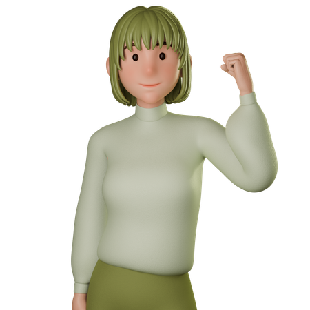 Young Woman In Green Outfit Showing Strong Sign With Right Hand  3D Icon