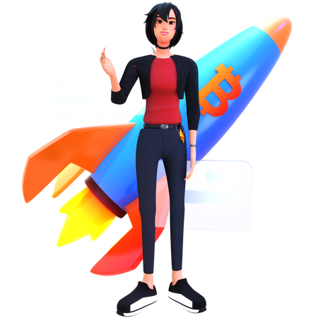 Young Woman launch Bitcoin startup  3D Illustration