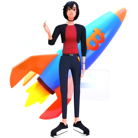 Young Woman launch Bitcoin startup  3D Illustration