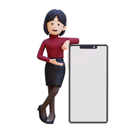 Young Woman Laying And Presenting On Big Smart Phone With Empty Screen  3D Icon