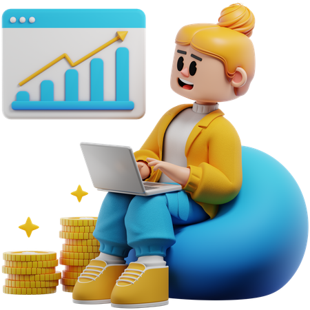 Young Woman Looking At Her Bank Account Statistics  3D Icon