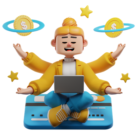 Young Woman Meditates On Her Online Wallet  3D Icon