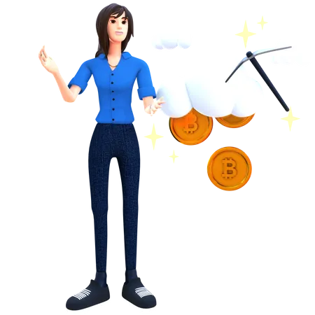 Young woman mining cryptocurrency with pickaxe 3D Illustration