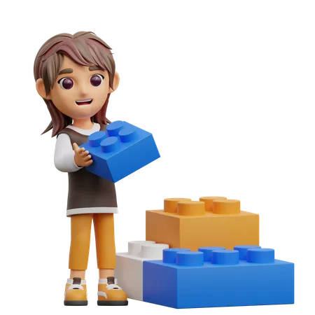 Young Woman Playing Lego  3D Illustration