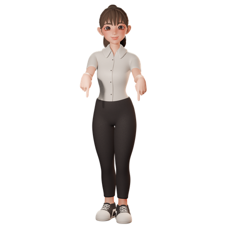 両手で下を指差す若い女性  3D Icon