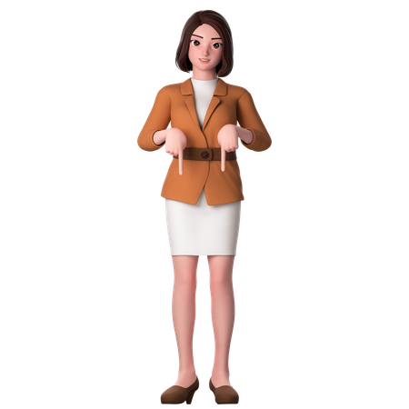 Young Woman Pointing To Bottom Side Using Both Hands  3D Illustration