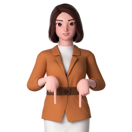 Young Woman Pointing To Bottom Side Using Both Hands  3D Illustration