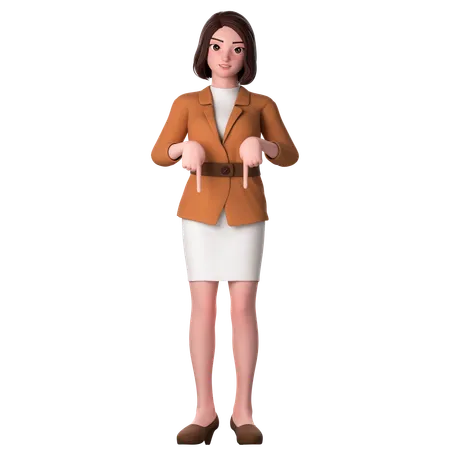 Young Woman Pointing To Bottom Side Using Both Hands  3D Illustration