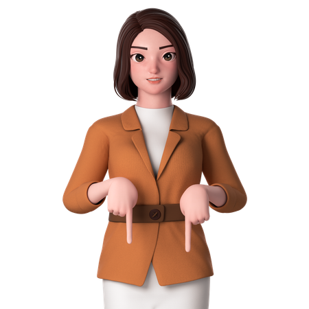 Young Woman Pointing To Bottom Side Using Both Hands  3D Illustration