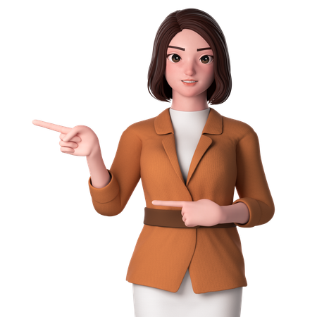 Young Woman Pointing To Left Side Using Both Hands  3D Illustration