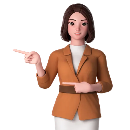 Young Woman Pointing To Left Side Using Both Hands  3D Illustration