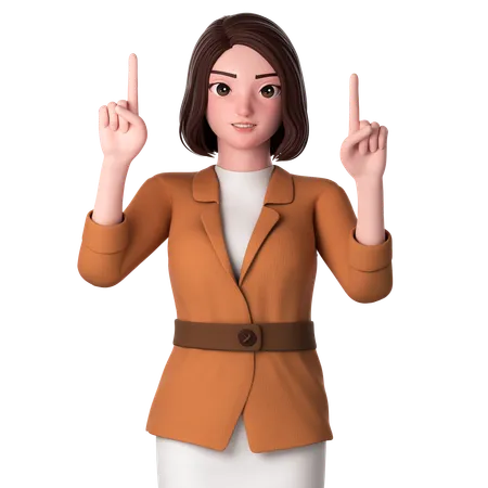 Young Woman Pointing To Top Side Using Both Hands  3D Illustration