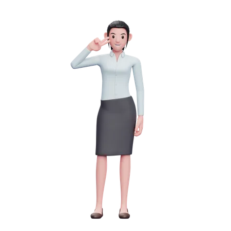 Young Woman Posing Peace Finger On Cheek 3 D Business Woman Character Illustration 3D Illustration