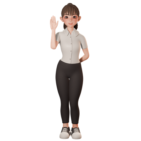 Young Woman Raise Waving Left Hand  3D Illustration