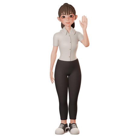 Young Woman Raise Waving Right Hand  3D Illustration