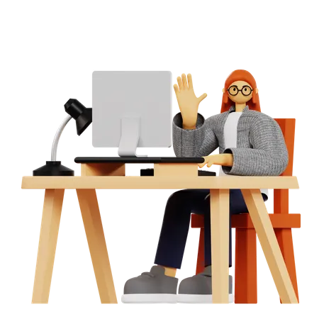 Young woman say hi at workplace  3D Illustration