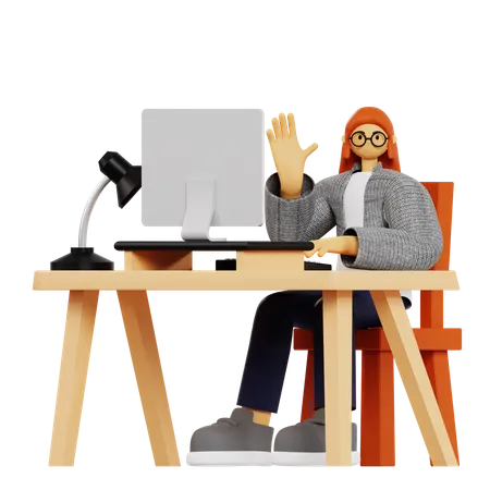 Young woman say hi at workplace 3D Illustration