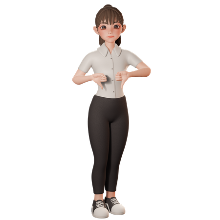 親指を二つ下に向けるジェスチャーをしている若い女性  3D Illustration