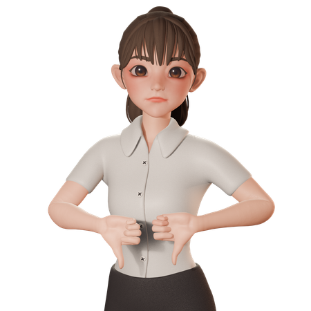 親指を二つ下に向けるジェスチャーをしている若い女性  3D Illustration