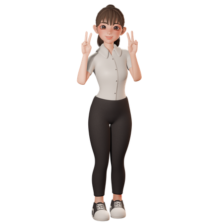 Young Woman Showing Peace Sign With Both Hands  3D Illustration