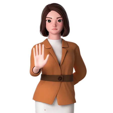 Young Woman Showing Stop Gesture Using Left Hand  3D Illustration