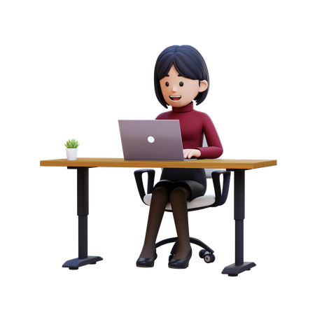 Young Woman Sitting At Desk With Laptop  3D Illustration