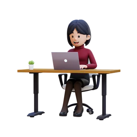 Young Woman Sitting At Desk With Laptop  3D Illustration