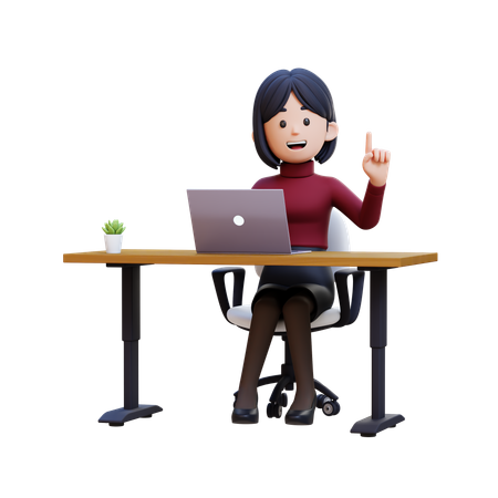 Young Woman Sitting At Desk With Laptop And Gotting Idea  3D Illustration