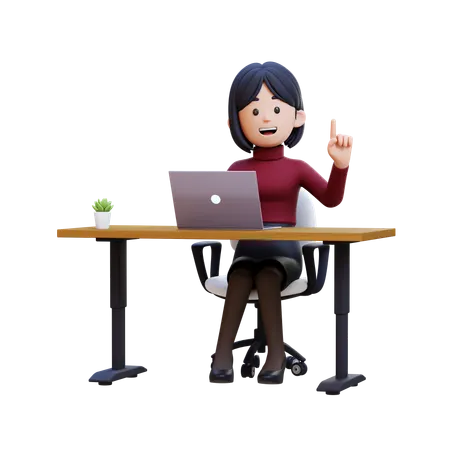 Young Woman Sitting At Desk With Laptop And Gotting Idea  3D Illustration