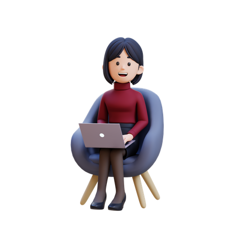 Young Woman Sitting In Chair With Laptop In Front Of Her  3D Illustration