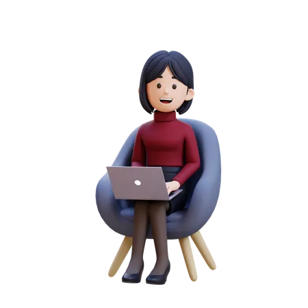 Young Woman Sitting In Chair With Laptop In Front Of Her  3D Illustration