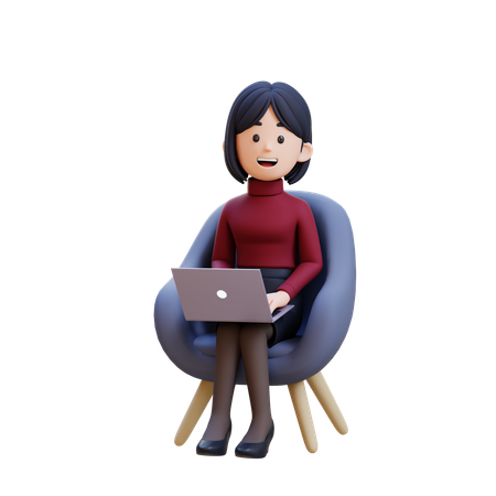 노트북을 앞에 두고 의자에 앉아 있는 젊은 여성  3D Icon