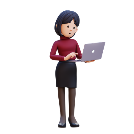 Young Woman Standing Confused Working On Laptop  3D Illustration