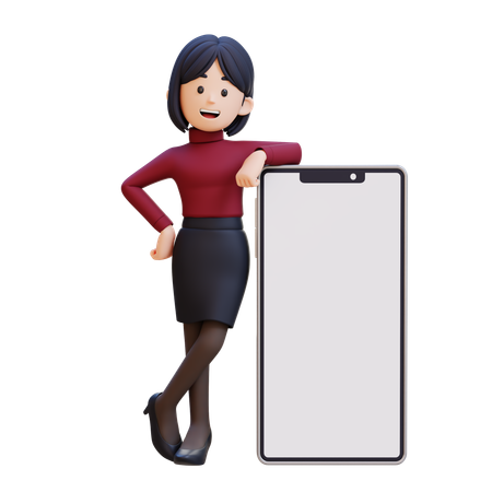 Young Woman Standing Next To Blank Cell Phone  3D Illustration