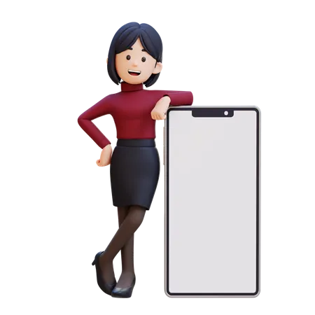 Young Woman Standing Next To Blank Cell Phone  3D Illustration