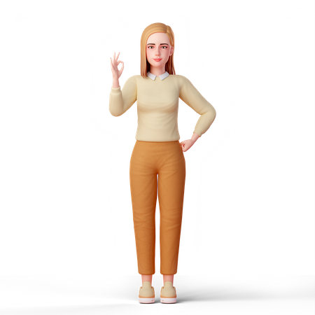 Young Woman standing while showing ok hand gesture  3D Icon