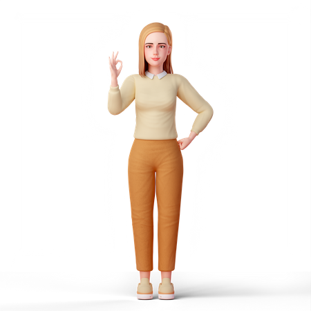 Young Woman standing while showing ok hand gesture  3D Illustration