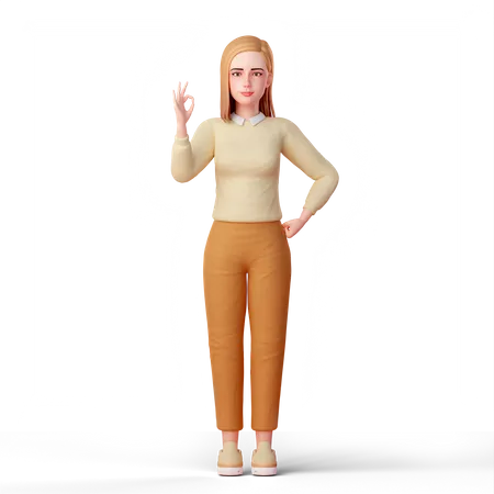 Young Woman standing while showing ok hand gesture  3D Illustration