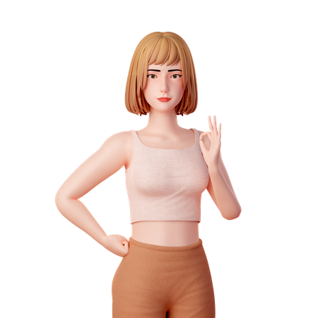 Young Woman standing while showing OK Hand Gesture  3D Illustration