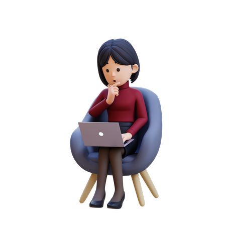 Young Woman Thinking And Sitting In Chair With Laptop In Front Of Her  3D Illustration