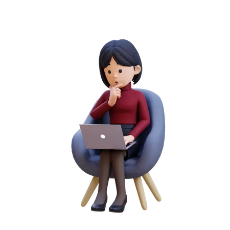 Young Woman Thinking And Sitting In Chair With Laptop In Front Of Her  3D Illustration