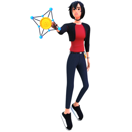 Young woman use bitcoin blockchain network  3D Illustration