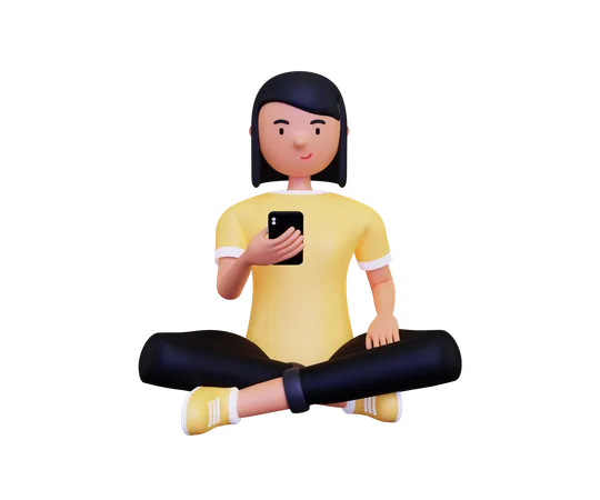 Young woman using mobile while sitting on floor 3D Illustration