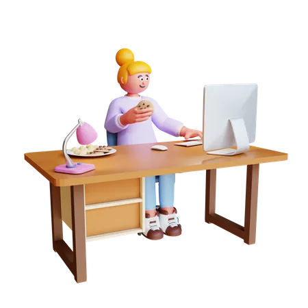 Young Woman Work On A Computer While Eating Cookies  3D Illustration