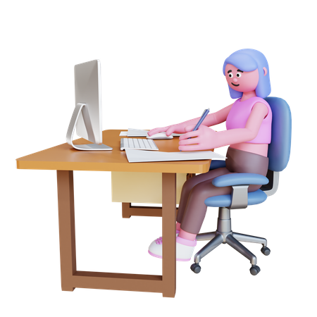 Young Woman Working In Office Desk  3D Icon