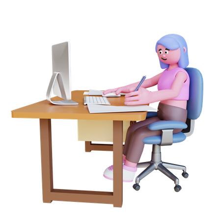 Young Woman Working In Office Desk  3D Illustration