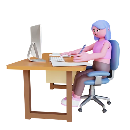 Young Woman Working In Office Desk  3D Illustration