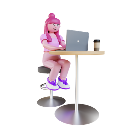 Young Woman Working On Laptop And Sit On Chair  3D Illustration